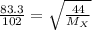 \frac{83.3}{102}=\sqrt{\frac{44}{M_{X}}