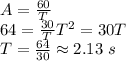 A=\frac{60}{T} \\64 =\frac{30}{T} T^2=30T\\T=\frac{64}{30}\approx 2.13\;s