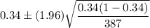 0.34\pm (1.96)\sqrt{\dfrac{0.34(1-0.34)}{387}}
