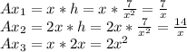 Ax_{1}=x*h=x*\frac{7}{x^{2} }=\frac{7}{x}\\Ax_{2}=2x*h=2x*\frac{7}{x^{2} }=\frac{14}{x}\\Ax_{3}=x*2x=2x^{2}
