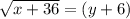 \sqrt{x+36}=(y+6)