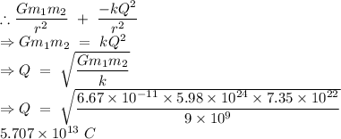 \therefore \dfrac{Gm_1m_2}{r^2}\ +\ \dfrac{-kQ^2}{r^2}\\\Rightarrow Gm_1m_2\ =\ kQ^2\\\Rightarrow Q\ =\ \sqrt{\dfrac{Gm_1m_2}{k}}\\\Rightarrow Q\ =\ \sqrt{\dfrac{6.67\times 10^{-11}\times 5.98\times 10^{24}\times 7.35\times 10^{22}}{9\times 10^9}}\\\Rightarow 5.707\times 10^{13}\ C