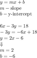 y=mx+b\\&#10;m-\text{slope}\\&#10;b-\text{y-intercept}\\\\&#10;6x-3y=18\\&#10;-3y=-6x+18\\&#10;y=2x-6\\\Downarrow\\&#10;m=2\\&#10;b=-6
