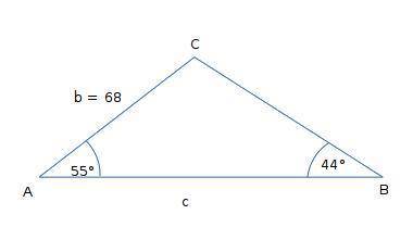 \using the law of sine and cosine find the measure of ab given angle a is 55, angle b is 44 an side