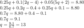 0.25q+0.1(2q-4)+0.05(5q+2)=8.80\\0.25q+0.2q-0.4+0.25q+0.1=8.80\\0.7q=8.80+0.4-0.1\\0.7q=9.1\\q=\frac{9.1}{0.7}=13