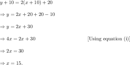 y+10=2(x+10)+20\\\\\Rightarrow y=2x+20+20-10\\\\\Rightarrow y=2x+30\\\\\Rightarrow 4x=2x+30~~~~~~~~~~~~~~~~~~~~~~~~~~~~~~~[\textup{Using equation (i)}]\\\\\Rightarrow 2x=30\\\\\Rightarrow x=15.