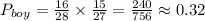 P_{boy}=\frac{16}{28} \times \frac{15}{27}=\frac{240}{756} \approx 0.32