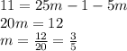 11 = 25m - 1 - 5m \\ 20m = 12 \\ m  =  \frac{12}{20}  =  \frac{3}{5}