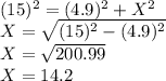 (15)^ 2 = (4.9)^2 + X^2\\X = \sqrt{(15)^2 - (4.9)^2} \\X = \sqrt{200.99} \\X = 14.2