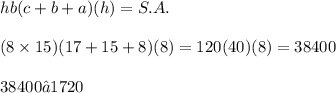 hb(c + b + a)(h) = S. A. \\  \\ (8 \times 15)(17 + 15 + 8)(8) = 120(40)(8) = 38400 \\  \\ 38400 ≈ 1720