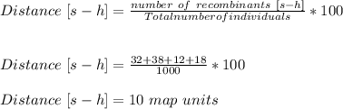 Distance \ [s-h]= \frac{number\ of\  recombinants \ [s-h]}{Total number of individuals}  * 100\\\\\\Distance \ [s-h]= \frac{32+38+12+18}{1000}  * 100\\\\Distance \ [s-h]= 10\  map\ units