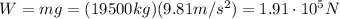 W=mg=(19500 kg)(9.81 m/s^2)=1.91 \cdot 10^5 N