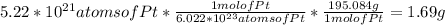 5.22*10^{21}atomsofPt*\frac{1molofPt}{6.022*10^{23}atomsofPt}*\frac{195.084g}{1molofPt}=1.69g