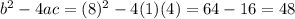 b^2-4ac=(8)^2-4(1)(4)=64-16=48