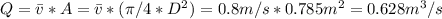Q=\bar{v}*A=\bar{v}*(\pi/4*D^{2} )=0.8m/s*0.785m^{2} =0.628m^{3}/s