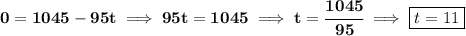 \bf 0=1045-95t\implies 95t=1045\implies t=\cfrac{1045}{95}\implies \boxed{t=11}