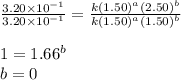 \frac{3.20\times 10^{-1}}{3.20\times 10^{-1}}=\frac{k(1.50)^a(2.50)^b}{k(1.50)^a(1.50)^b}\\\\1=1.66^b\\b=0