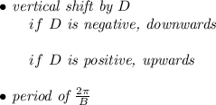 \bf \begin{array}{llll}&#10;&#10;&#10;\bullet \textit{ vertical shift by }{{  D}}\\&#10;\qquad if\ {{  D}}\textit{ is negative, downwards}\\\\&#10;\qquad if\ {{  D}}\textit{ is positive, upwards}\\\\&#10;\bullet \textit{ period of }\frac{2\pi }{{{  B}}}&#10;\end{array}