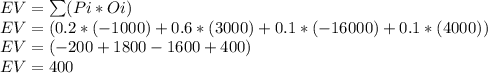 EV=\sum(Pi*Oi)\\EV=(0.2*(-1000)+0.6*(3000)+0.1*(-16000)+0.1*(4000))\\EV=( -200 +  1800 - 1600 + 400)\\EV = 400