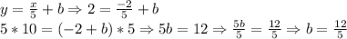 y=\frac{x}{5}+b\Rightarrow 2=\frac{-2}{5}+b\\5*10=(-2+b)*5\Rightarrow 5b=12 \Rightarrow \frac{5b}{5} =\frac{12}{5} \Rightarrow b=\frac{12}{5}