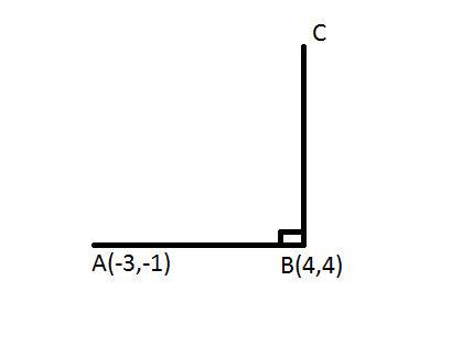 Ab and bc form a right angle at point b if a = (-3,-1) and b = (4,4) what is the equation if bc