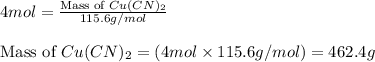 4mol=\frac{\text{Mass of }Cu(CN)_2}{115.6g/mol}\\\\\text{Mass of }Cu(CN)_2=(4mol\times 115.6g/mol)=462.4g