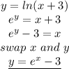 \(\begin{matrix}&#10;y=ln(x+3)\\&#10;e^y=x+3\\&#10;e^y-3=x\\&#10;swap ~x~and~y\\&#10; \huge\underline{y=e^x-3}}&#10; \end{matrix}\)&#10;