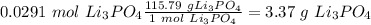 0.0291~mol~Li_3PO_4\frac{115.79~gLi_3PO_4}{1~mol~Li_3PO_4}=3.37~g~Li_3PO_4
