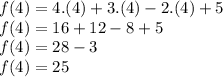 f(4)=4.(4) + 3.(4) -2.(4)+ 5\\f(4)=16+12-8+5\\f(4)=28-3\\f(4)=25