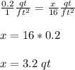\frac{0.2}{1}\frac{qt}{ft^{2}}=\frac{x}{16}\frac{qt}{ft^{2}}\\ \\x=16*0.2\\ \\x=3.2\ qt