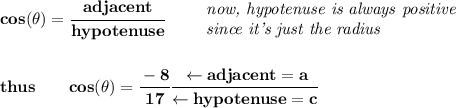 \bf cos(\theta)=\cfrac{adjacent}{hypotenuse}\qquad  &#10;\begin{array}{llll}&#10;\textit{now, hypotenuse is always positive}\\&#10;\textit{since it's just the radius}&#10;\end{array}&#10;\\\\\\&#10;thus\qquad cos(\theta)=\cfrac{-8}{17}\cfrac{\leftarrow adjacent=a}{\leftarrow  hypotenuse=c}