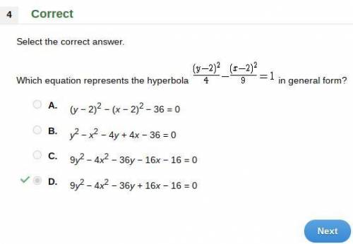 Which equation represents the hyperbola (y -2)^2/4 - (x-2)^2/9=1 in general form?