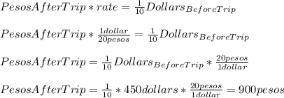 Pesos{AfterTrip}*rate=\frac{1}{10}Dollars_{BeforeTrip}\\\\Pesos{AfterTrip}*\frac{1dollar}{20pesos}= \frac{1}{10}Dollars_{BeforeTrip}\\\\Pesos{AfterTrip}= \frac{1}{10}Dollars_{BeforeTrip}*\frac{20pesos}{1dollar}\\\\Pesos{AfterTrip}= \frac{1}{10}*450dollars*\frac{20pesos}{1dollar}=900pesos\\