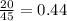 \frac{20}{45}=0.44