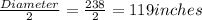 \frac{Diameter}{2} =\frac{238}{2}=119 inches