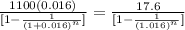 \frac{1100(0.016)}{[1-\frac{1}{(1+0.016)^{n}}]}=\frac{17.6}{[1-\frac{1}{(1.016)^{n}}]}