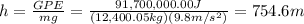 h=\frac{GPE}{mg}=\frac{91,700,000.00J}{(12,400.05 kg)(9.8 m/s^2)}=754.6 m