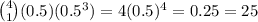\binom{4}{1}(0.5)(0.5^3)=4(0.5)^4=0.25=25%