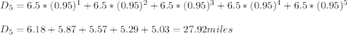 D_{5} =6.5*(0.95)^{1}+6.5*(0.95)^{2}+6.5*(0.95)^{3}+6.5*(0.95)^{4}+6.5*(0.95)^{5}\\\\D_{5}=6.18+5.87+5.57+5.29+5.03=27.92miles