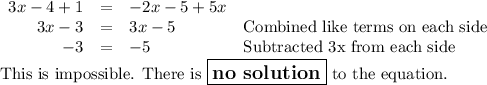 \begin{array}{rcll}3x - 4 + 1 & = & -2x - 5 + 5x & \\3x - 3 & = & 3x - 5 & \text{Combined like terms on each side}\\-3 & = & -5 & \text{Subtracted 3x from each side}\\\end{array}\\\text{This is impossible. There is $\large \boxed{\textbf{no solution}}$ to the equation.}