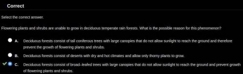 Flowering plants and shrubs are unable to grow in deciduous temperate rain forests. what is the poss