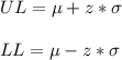 UL=\mu+z*\sigma\\\\LL=\mu-z*\sigma