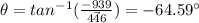 \theta = tan^{- 1}(\frac{- 939}{\vec{446}}) = - 64.59^{\circ}