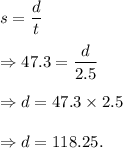 s=\dfrac{d}{t}\\\\\Rightarrow 47.3=\dfrac{d}{2.5}\\\\\Rightarrow d=47.3\times2.5\\\\\Rightarrow d=118.25.