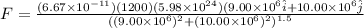 F = \frac{(6.67 \times 10^{-11})(1200)(5.98\times 10^{24})(9.00\times 10^6\hat i + 10.00\times 10^6\hat j}{((9.00\times 10^6)^2 + (10.00\times 10^6)^2)^{1.5}}