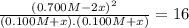 \frac{(0.700 M - 2x)^{2}}{(0.100 M + x).(0.100 M + x)} = 16