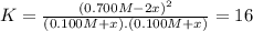 K = \frac{(0.700 M - 2x)^{2}}{(0.100 M + x).(0.100 M + x)} = 16