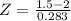 Z = \frac{1.5 - 2}{0.283}