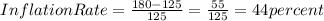 Inflation Rate =\frac{180-125}{125}                        =\frac{55}{125}                        =44 percent