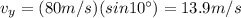 v_y = (80 m/s)(sin 10^{\circ})=13.9 m/s